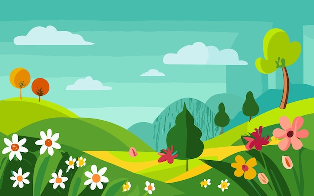 Paisagem de primavera backgroundvector cartoon fofo cena da natureza campo com céu azul nuvemwood ba