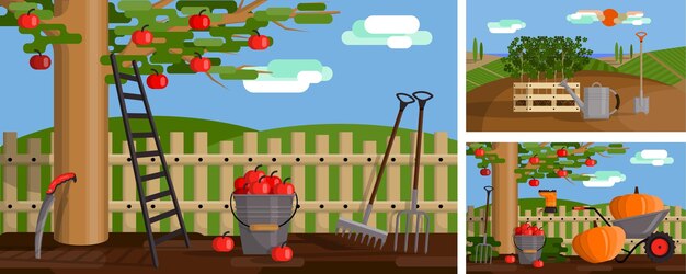 Paisagem de primavera Cenário de jardim Fundo com plantas e ferramentas agrícolas Colheita de pomar Panorama da natureza Colheita de maçã Abóbora no carrinho de mão Campo de fazenda Banner de ilustração vetorial