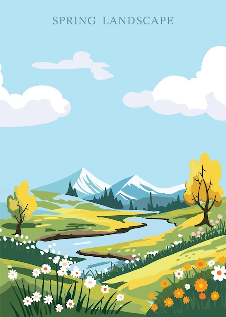 Vetor paisagem de primavera com fundo de montanha e árvore ilustração vetorial editável para cartão postal de tamanho vertical