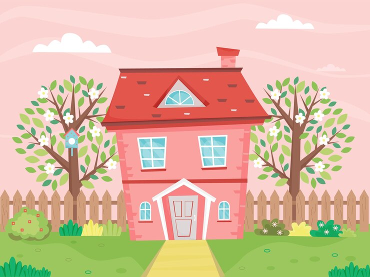 Vetor paisagem de primavera com uma casa bonita rodeada de árvores em flor casa da fazenda na primavera