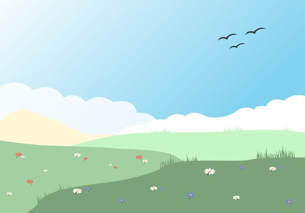 Vetor paisagem de primavera e colinas com flores e pássaros.