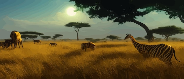 Vetor paisagem de savana selvagem savana natureza africana selvagem com árvores grama areia e animais áfrica