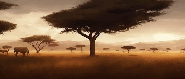 Vetor paisagem de savana selvagem savana natureza africana selvagem com árvores grama areia e animais áfrica