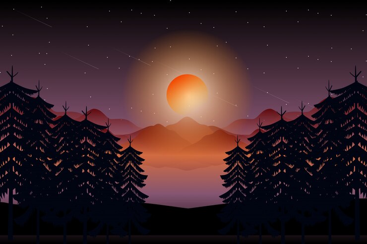 Vetor paisagem de selva noturna com lua cheia e céu noturno estrelado