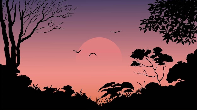 Paisagem de silhueta de floresta com pôr do sol e pássaros voando