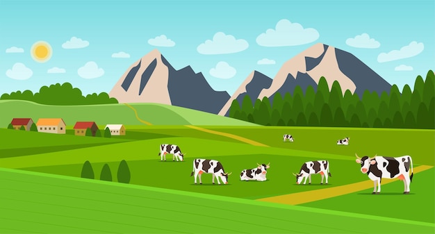 Paisagem de verão com aldeia e rebanho de vacas no campo. ilustração em vetor estilo simples.