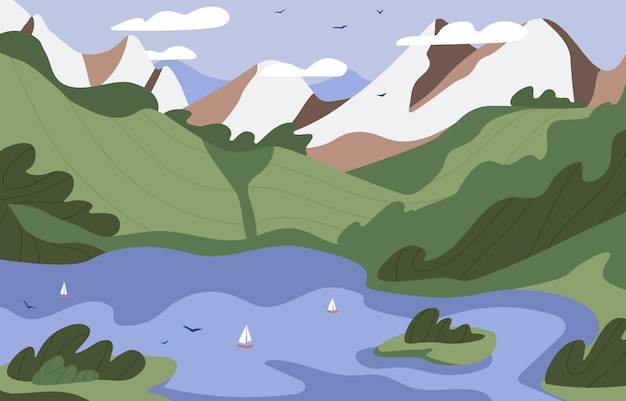 Vetor paisagem de verão da natureza cênica com colinas de montanha, grama verde e água cenário com lago e barcos balança o horizonte do céu com pássaros e nuvens ilustração em vetor plana colorida