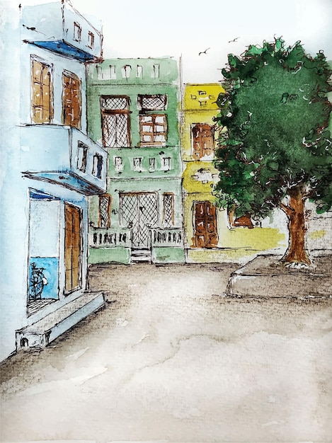 Paisagem de verão desenhada à mão em aquarela