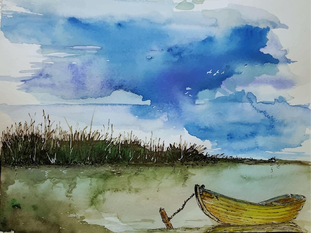 Paisagem de verão desenhada à mão em aquarela