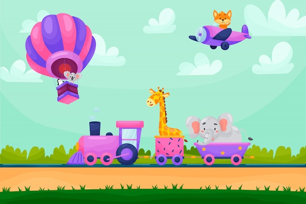 Paisagem de verão dos desenhos animados com animais andando de trem raiway. animais voando no balão de ar e avião.