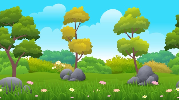 Paisagem de verão dos desenhos animados com grama verde, arbusto e ilustração vetorial de árvores