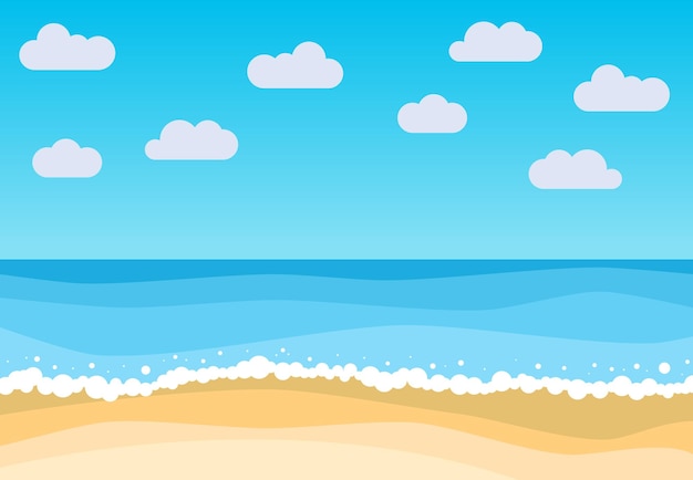 Paisagem de vetor com praia de verão. ondas da praia de areia, céu azul e mar. ilustração do vetor de paisagem.