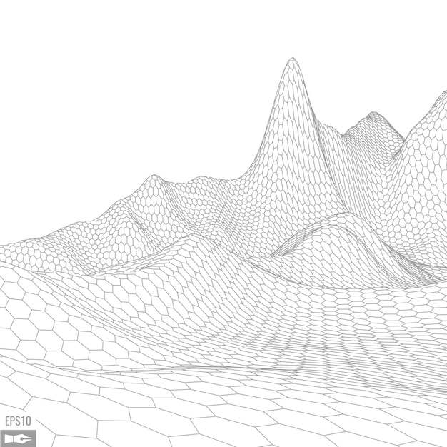 Paisagem de wireframe em fundo branco fundo de tecnologia de vetor geométrico abstrato 3d fundo digital de vetor