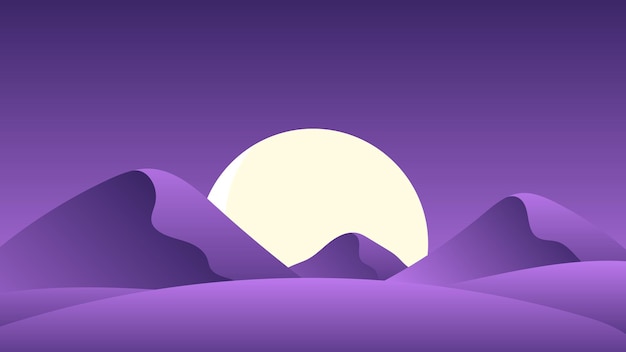 Paisagem desértica à noite com ilustração de design plano vetorial de lua cheia