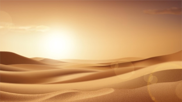 Paisagem desértica realista com sol Belas vistas sobre dunas de areia realistas com pôr-do-sol ou sol
