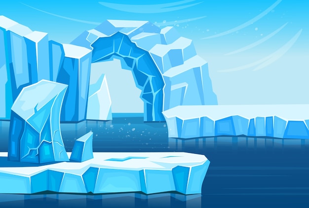 Vetor paisagem do ártico com icebergs e mar ou oceano. ilustração dos desenhos animados para jogos e aplicativos móveis.