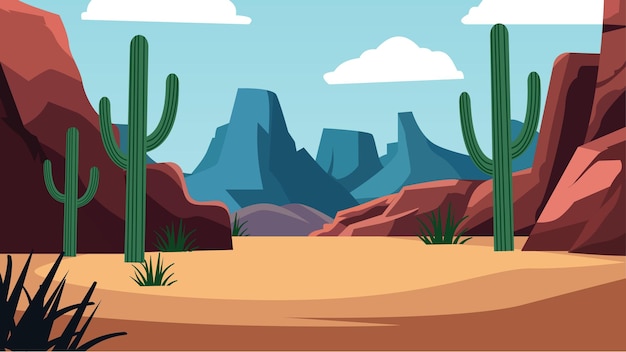 Paisagem do deserto americano com Rocky Cliff Mountain e cactos em céu brilhante