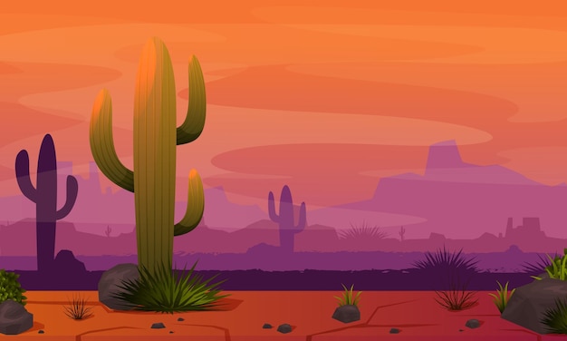 Paisagem do deserto ardente do pôr do sol com rochas e cactos arizona ou deserto de areia quente do méxico com