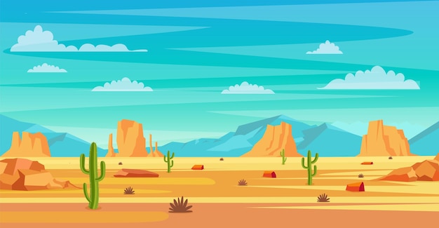 Paisagem do deserto. cactos e rochas nas areias. fundo natural. paisagem de areia quente do arizona ou méxico. ilustração vetorial em estilo simples