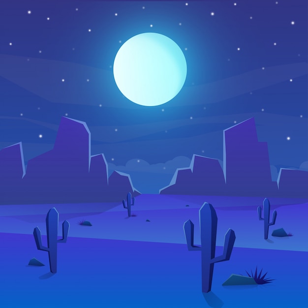 Vetor paisagem do deserto com cactos e lua cheia na noite