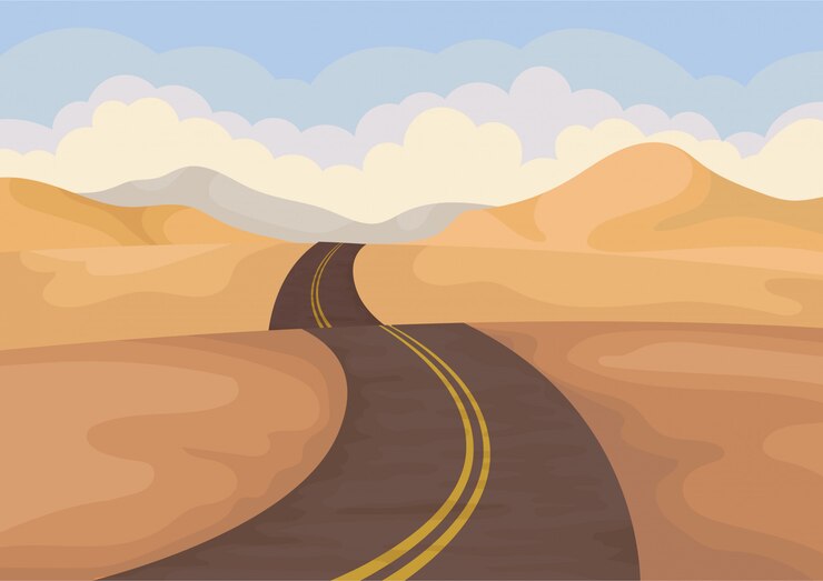 Vetor paisagem do deserto com estrada de asfalto. vale com colinas de areia e céu azul.