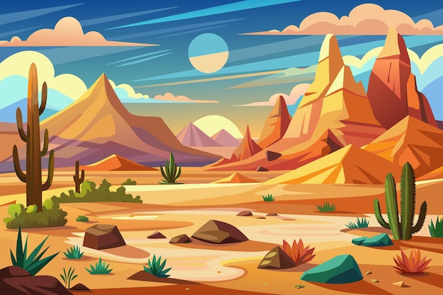 Paisagem do deserto com ilustração de fundo de natureza em estilo de desenho animado