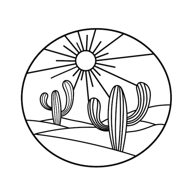 Desenho de Sol sobre Cactos do Deserto para colorir