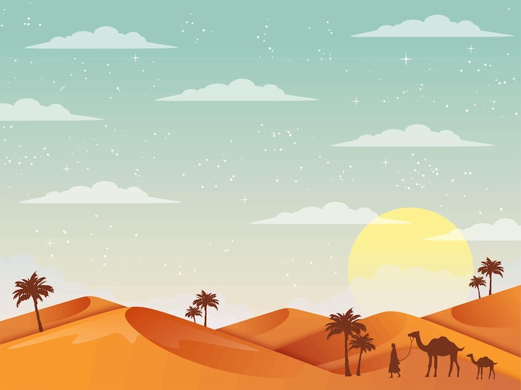 Paisagem do deserto Ilustração vetorial do deserto com dunas de areia colinas de sol caravana de camelos