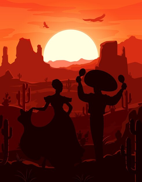 Vetor paisagem do deserto mexicano com pôr do sol com silhuetas de cowboy e mulher dançante fundo vetorial paisagem do deserto do méxico com mariachi homem de sombrero com maracas e mulher de vestido nacional mexicano
