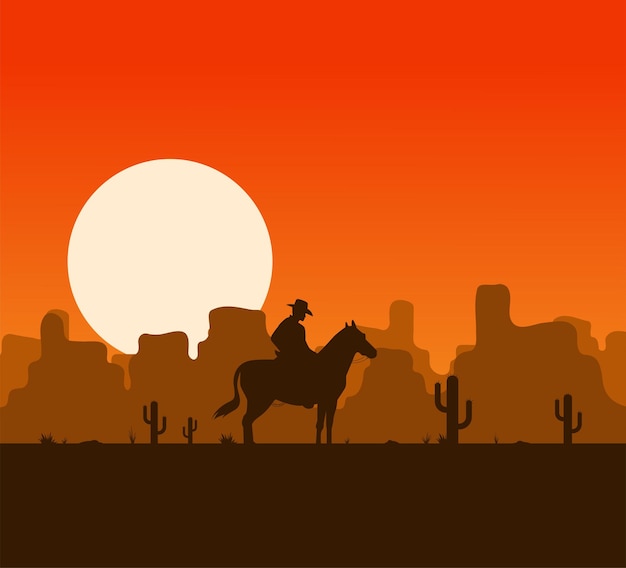 Paisagem do deserto ocidental ao pôr do sol com ilustração vetorial de silhueta de cowboy