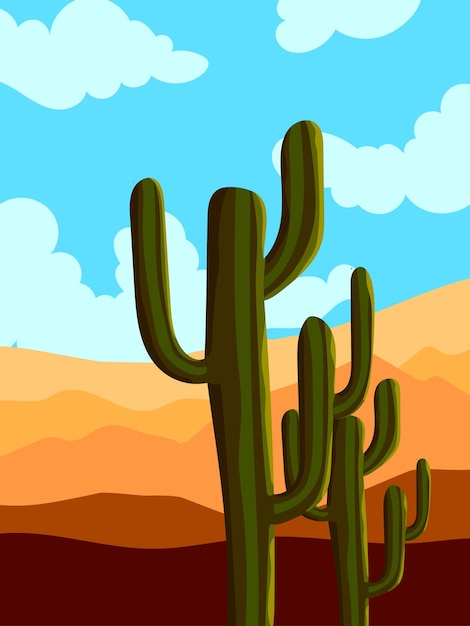 Paisagem do deserto planta de cacto silhuetas de montanhas ocidentais fundo de ilustração vetorial Natureza