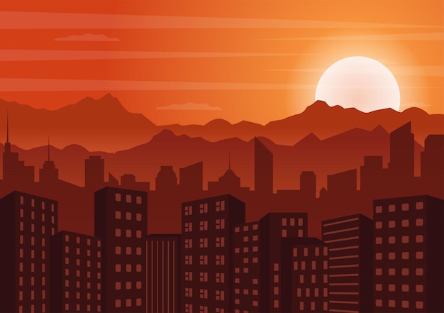 Vetor paisagem do horizonte da cidade moderna do pôr do sol com o céu laranja dos edifícios da cidade e o céu da paisagem urbana em ilustração plana para cartaz, banner ou plano de fundo