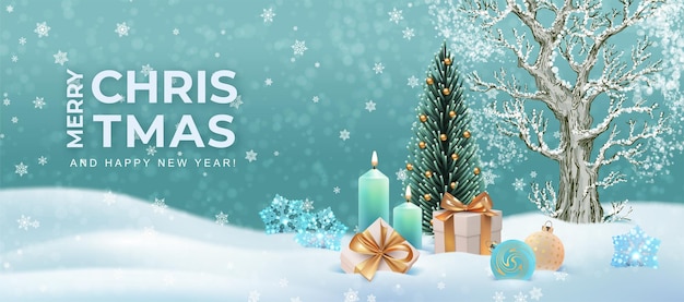 Paisagem do inverno com árvore de Natal decorada. Banner de feliz natal e feliz ano novo