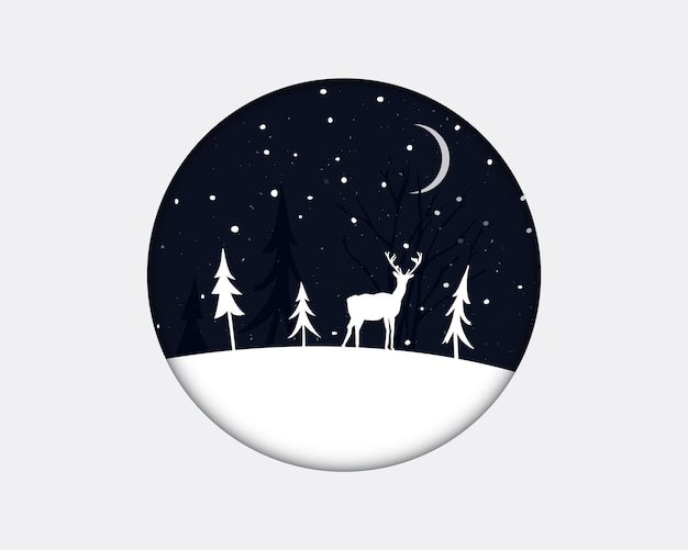 Paisagem do inverno com árvores de Natal e um cervo em pé na neve branca à noite em moldura redonda. Ilustração em papel cortado.