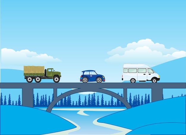 Vetor paisagem do inverno com ponte através do rio e carro