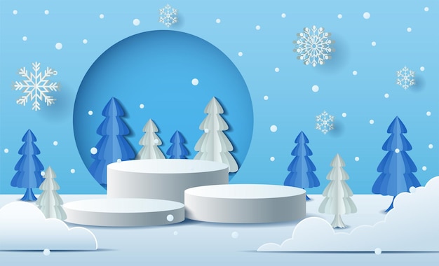 Paisagem do inverno do natal com cena do pódio do produto. renderização 3d de neve de gelo de pedestal de férias de inverno