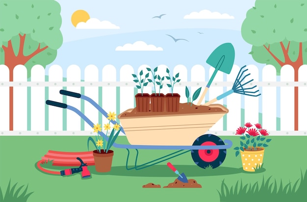 Paisagem do jardim com ferramentas Composição de elementos de jardinagem trabalhos ao ar livre inventário hortícola carrinho de mão com terra e flores fazenda vida hobby vetor desenho animado conceito isolado plano
