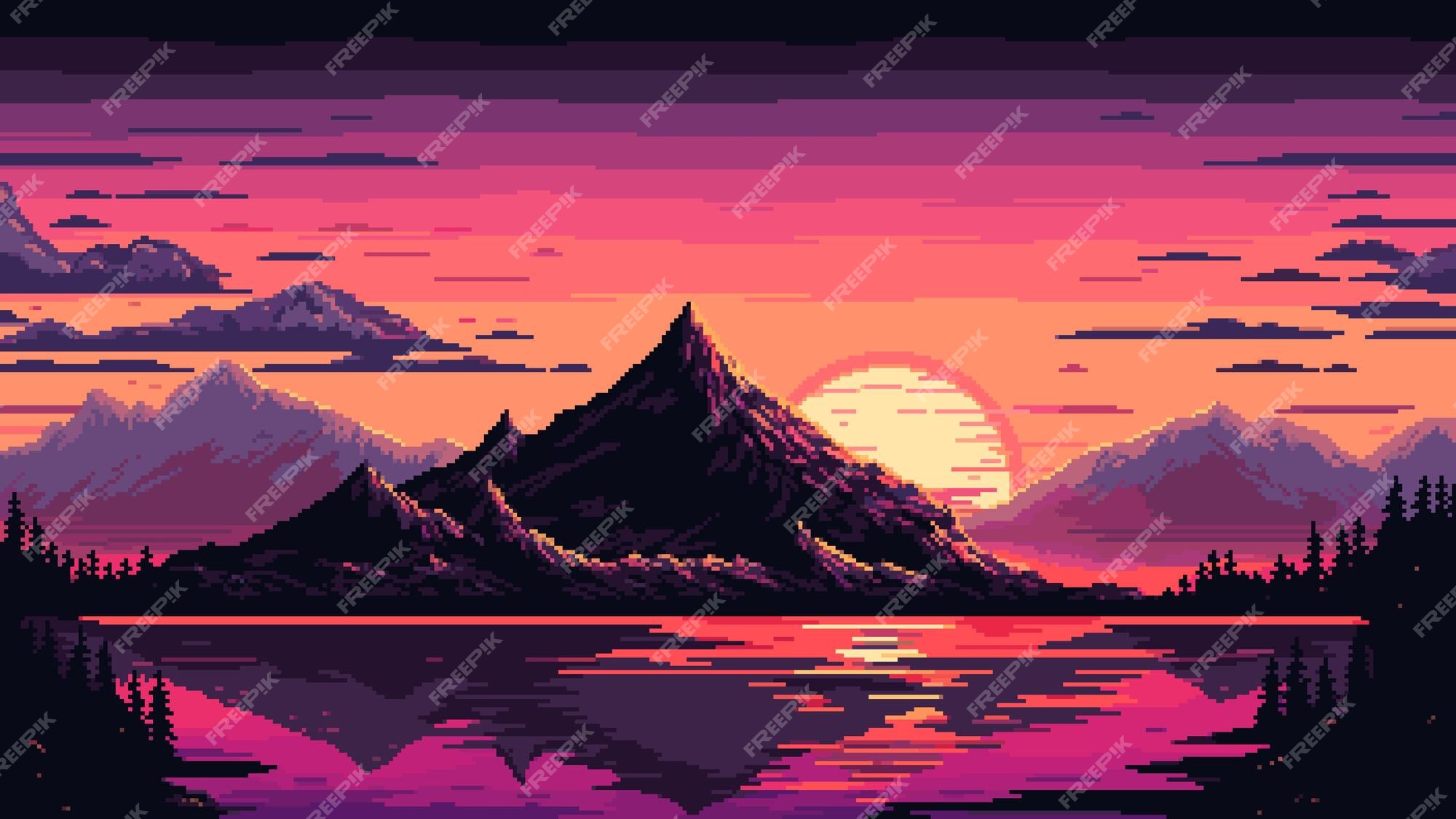 Pôr do sol de pixel na ilustração vetorial de montanhas