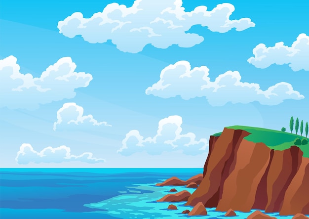 Paisagem Dos Desenhos Animados Do Mar Ou Do Oceano Com Céu E