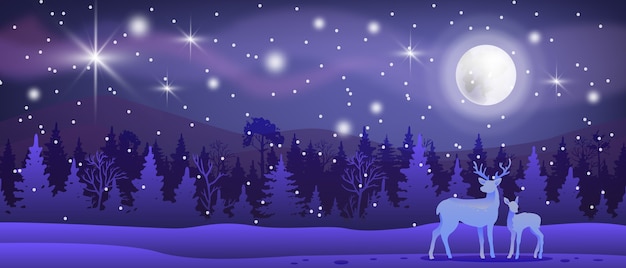Paisagem do norte do vetor do inverno do Natal com neve, floresta, renas, lua, céu noturno, estrelas