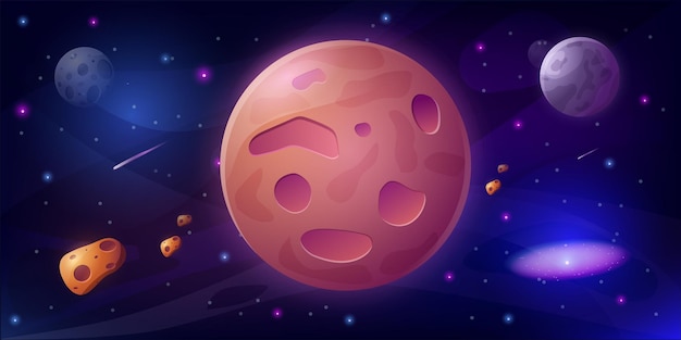 Paisagem do planeta espaço cena cósmica dos desenhos animados com planetas estrelas e objetos astronômicos ilustração vetorial