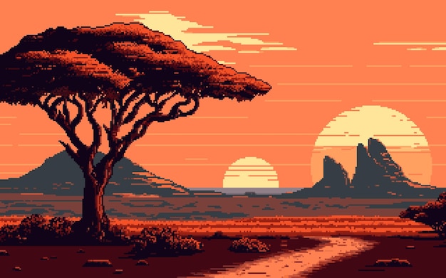 Retrô Do Sol E Da Paisagem Montanhosa No Estilo Pixel Art, 8 Bits