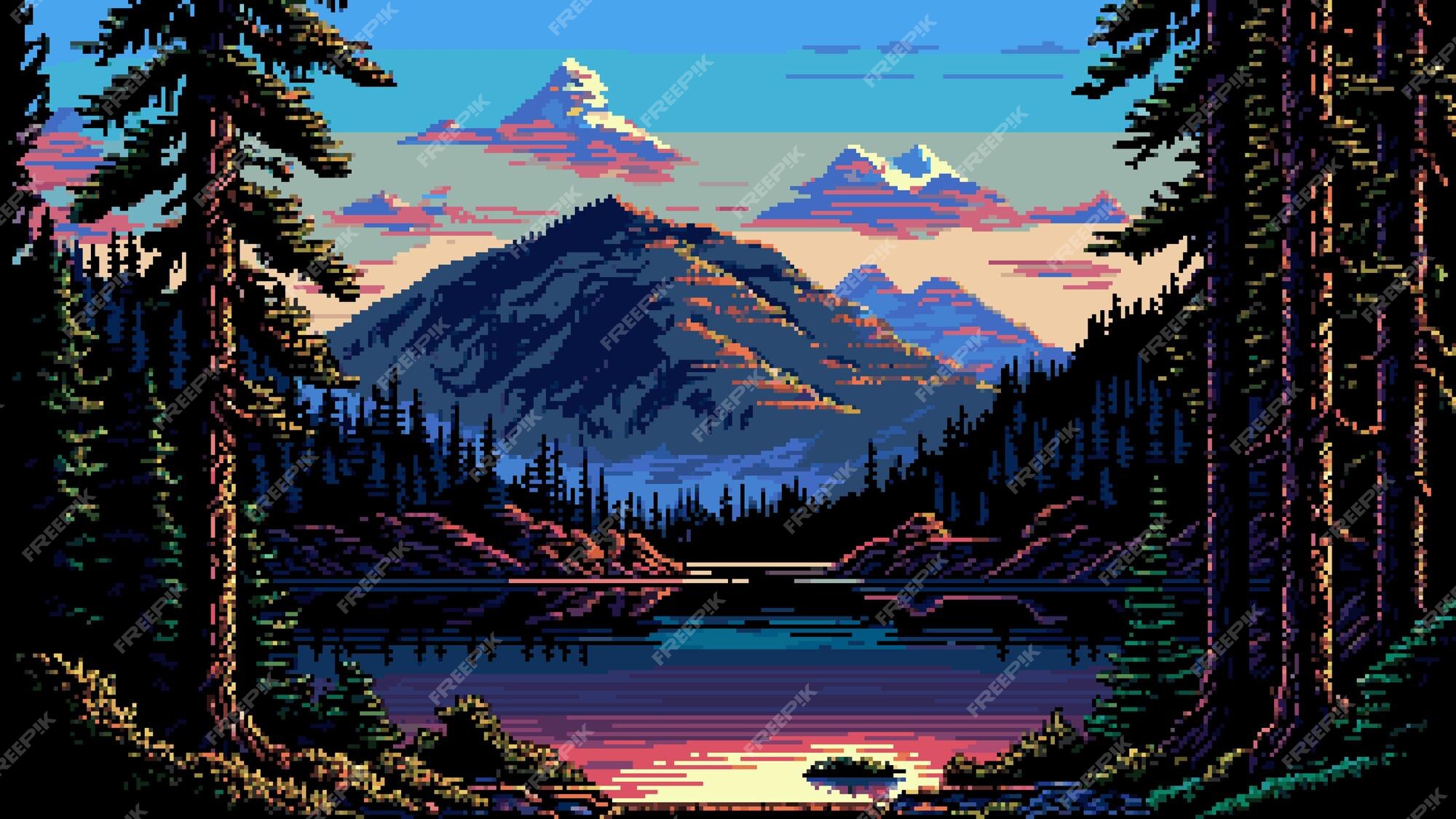 Pôr do sol de pixel na ilustração vetorial de montanhas