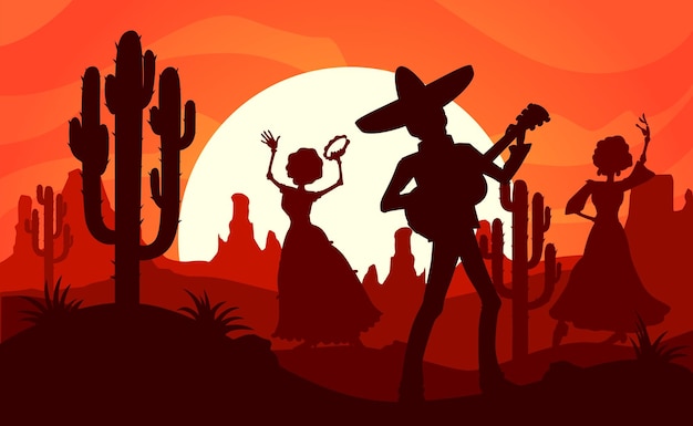 Vetor paisagem do pôr do sol do deserto mexicano silhuetas de músico mariachi e mulher dançante vetor cena festiva da celebração tradicional do feriado no méxico com figuras masculinas e femininas no deserto ao entardecer