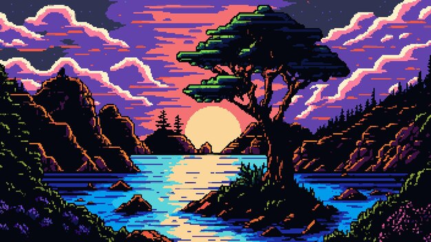 Pôr do sol de pixel na ilustração vetorial de montanhas