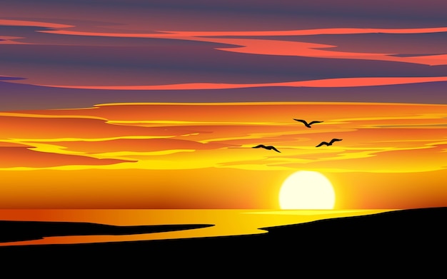 Paisagem do pôr do sol do mar com pássaros