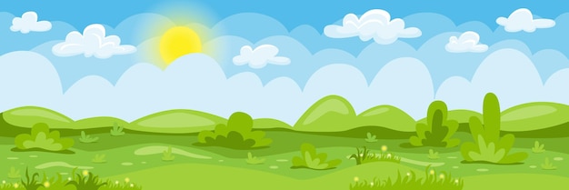Paisagem dos desenhos animados fundo de verão com céu azul nublado colinas verdes grama árvores e flores ilustração vetorial