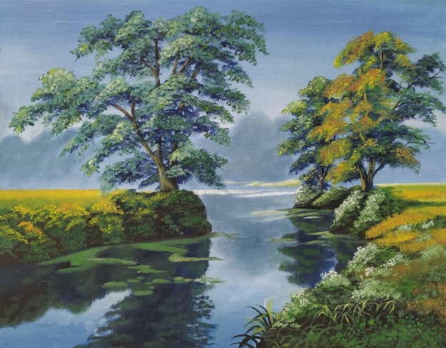 Paisagem em aquarela com fundo natural abstrato de árvores