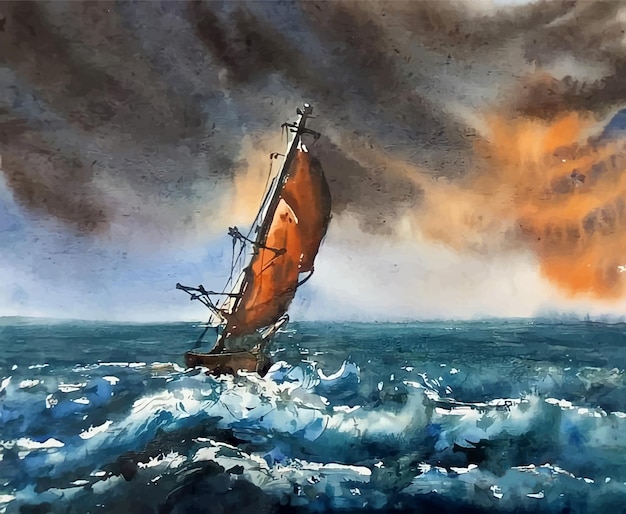 Paisagem em aquarela desenhada à mão mar de pintura com ilustração de navio