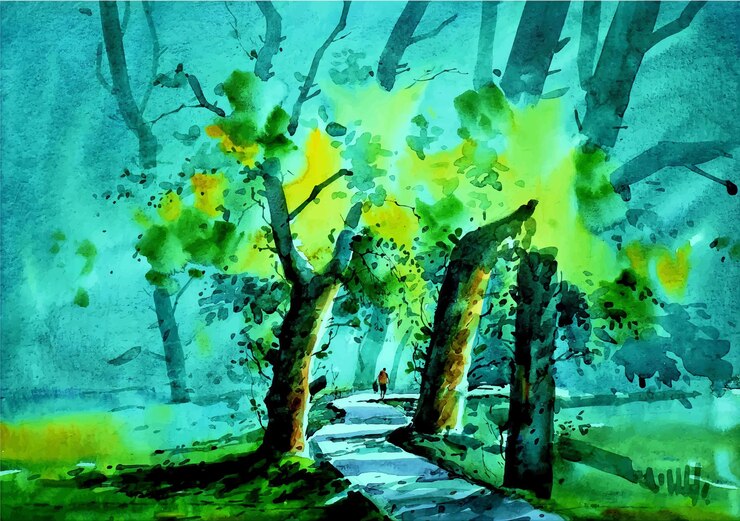 Vetor paisagem em aquarela desenhando uma bela ilustração da natureza da árvore